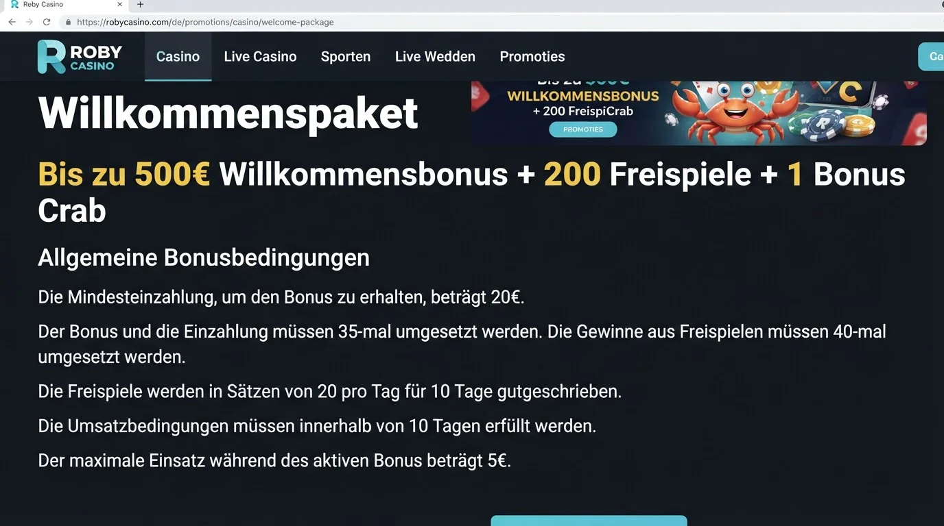 Offizielle Bedingungen des Roby Casino Willkommenspakets auf der deutschen Aktionsseite