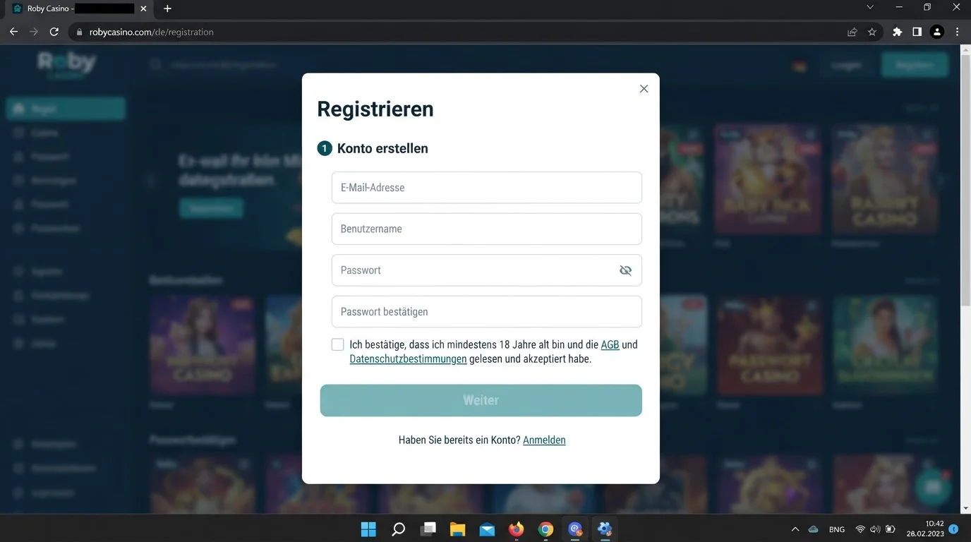 Reale Registrierungsoberfläche von Roby Casino