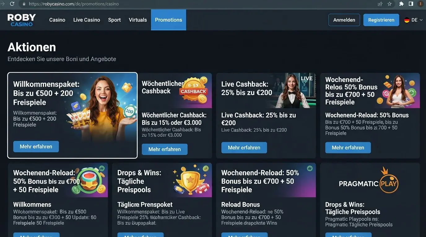 Aktuelle Casino-Aktionen auf der deutschen Roby Casino Promotions-Seite