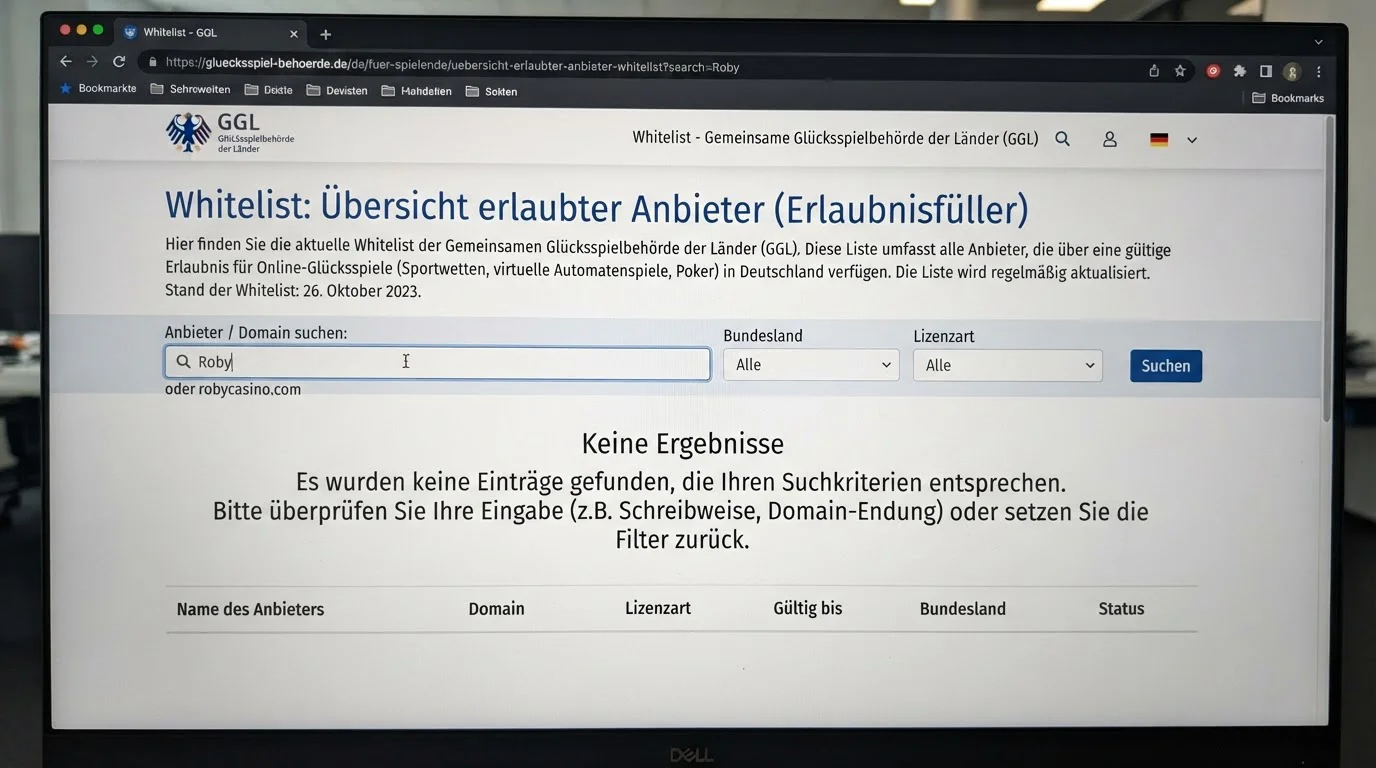 Amtliche GGL-Whitelist als Prüfgrundlage für den deutschen Lizenzstatus von Roby Casino