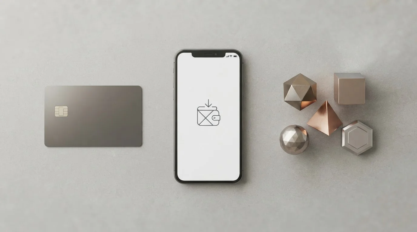 Neutrale Darstellung von Karte, digitaler Wallet und Kryptowährungs-Zahlung