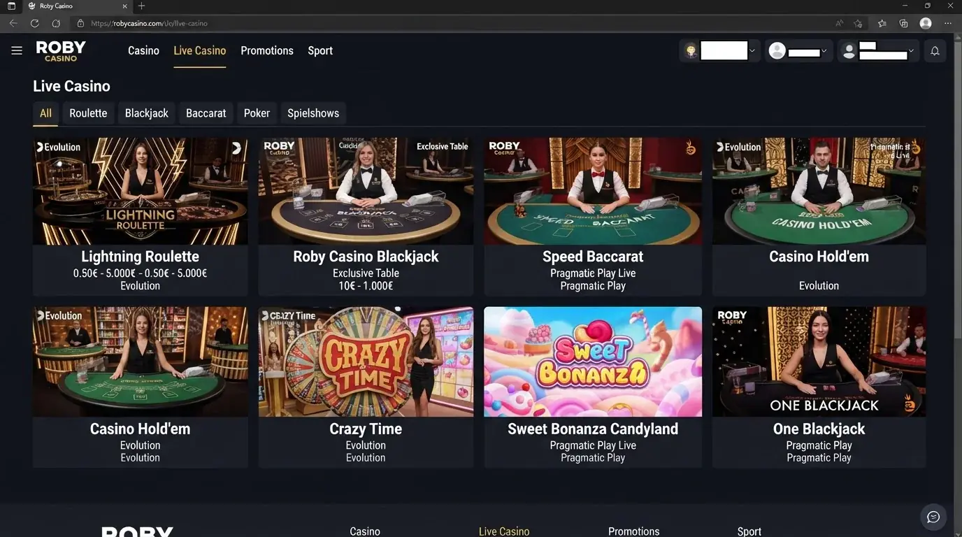 Roby Casino Live Casino Lobby mit Tischkategorien