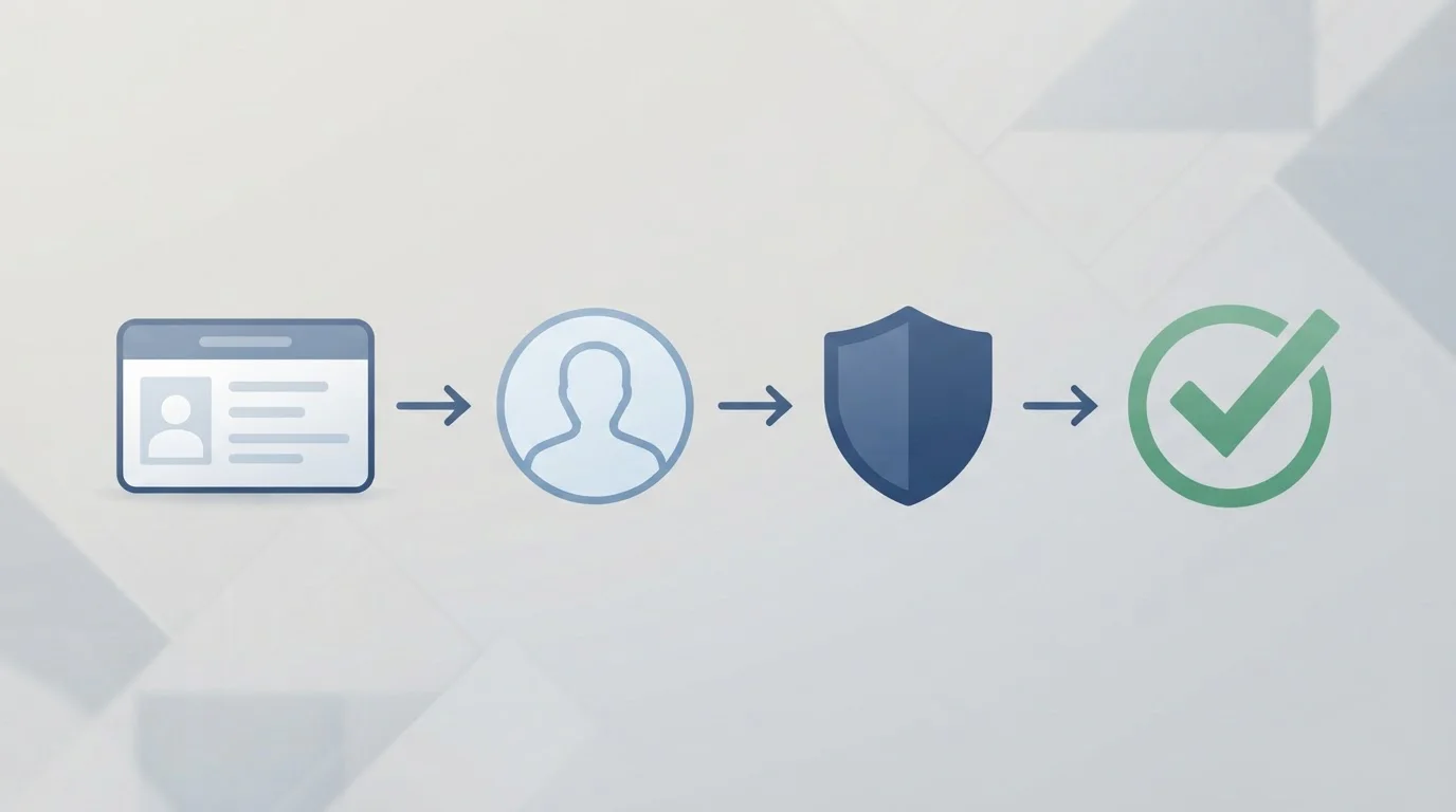 Neutrale Illustration eines Identitätsprüfungsprozesses mit Dokument, Profil und Prüfsymbol