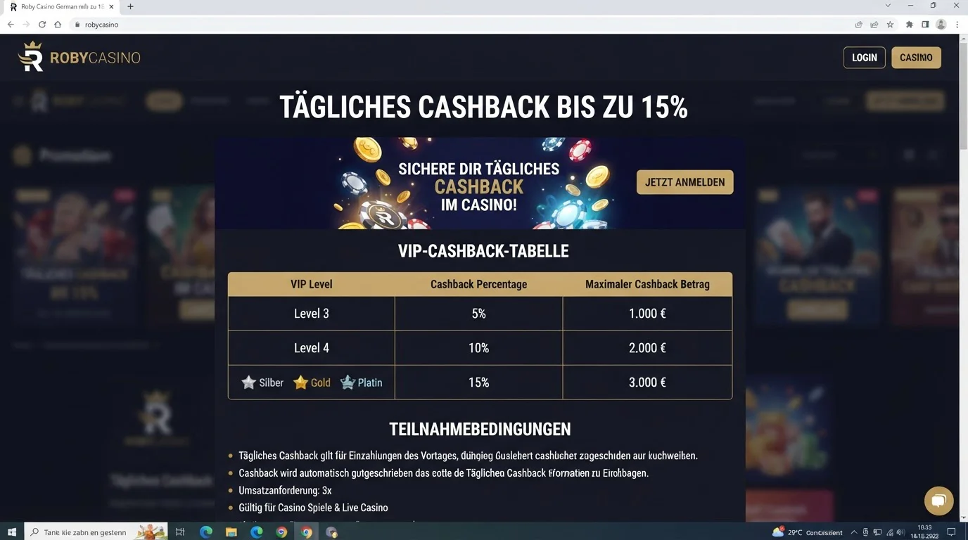 Roby Casino Aktionsseite mit täglichem Cashback