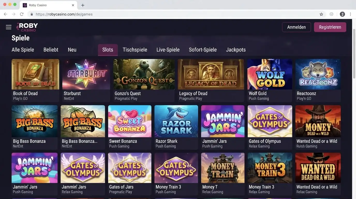 Roby Casino Spielelobby mit Kategorien und Spielkacheln