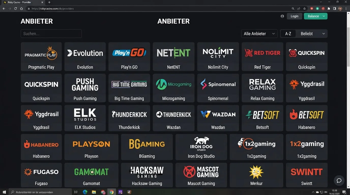 Provider-Verzeichnis im Roby Casino mit alphabetischer Auswahl und Spielanzahl