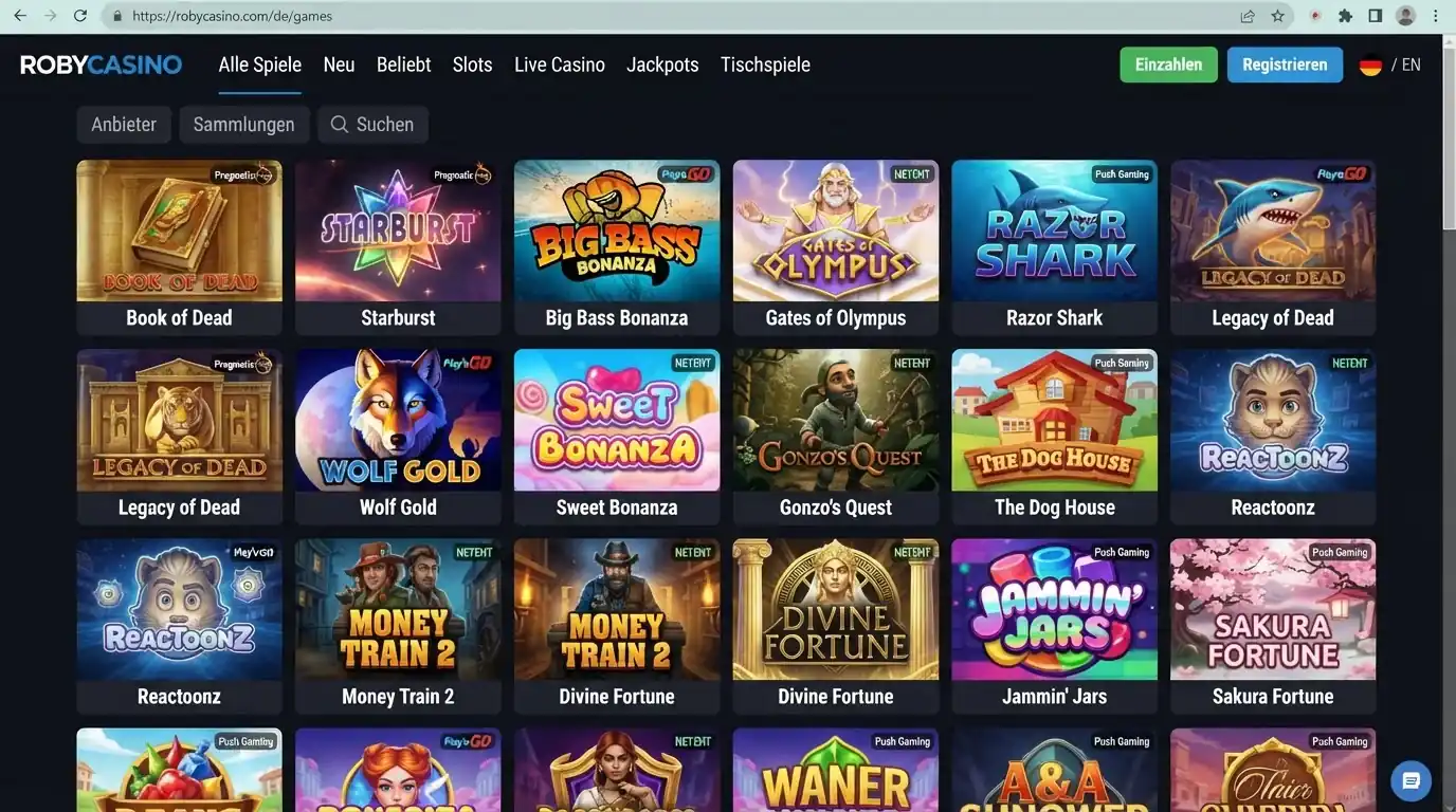 Deutschsprachige Roby Casino Spieleoberfläche