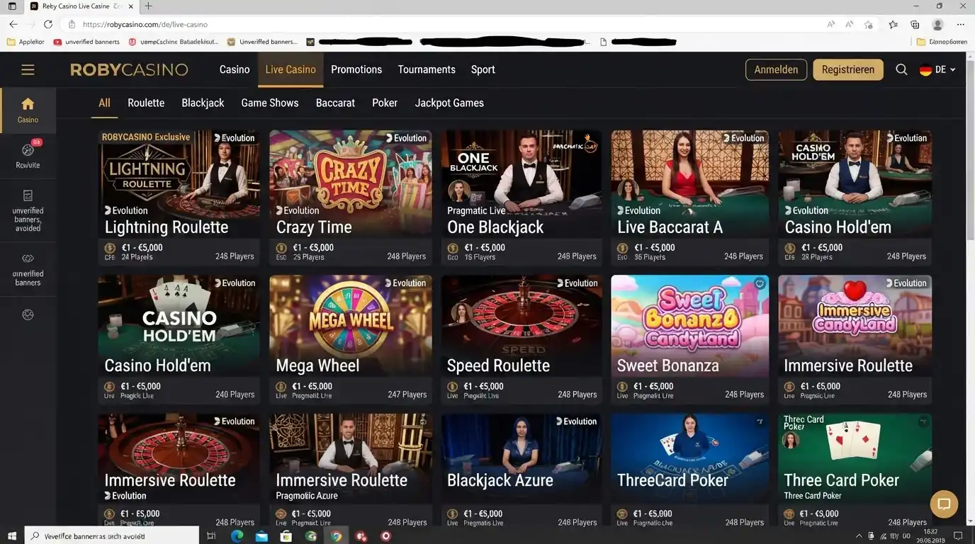 Roby Casino Live-Casino-Bereich